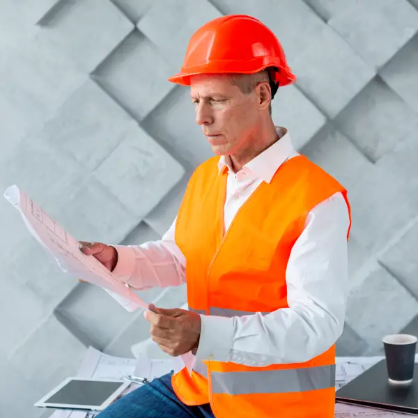 A property manager inspecting a vacation rental while wearing a hard hat.