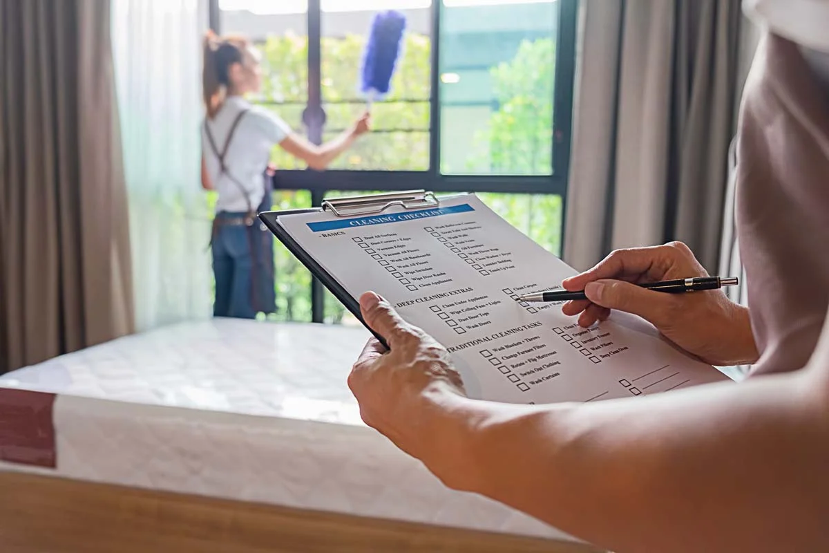 A vacation rental being inspected and documented before a guest arrival