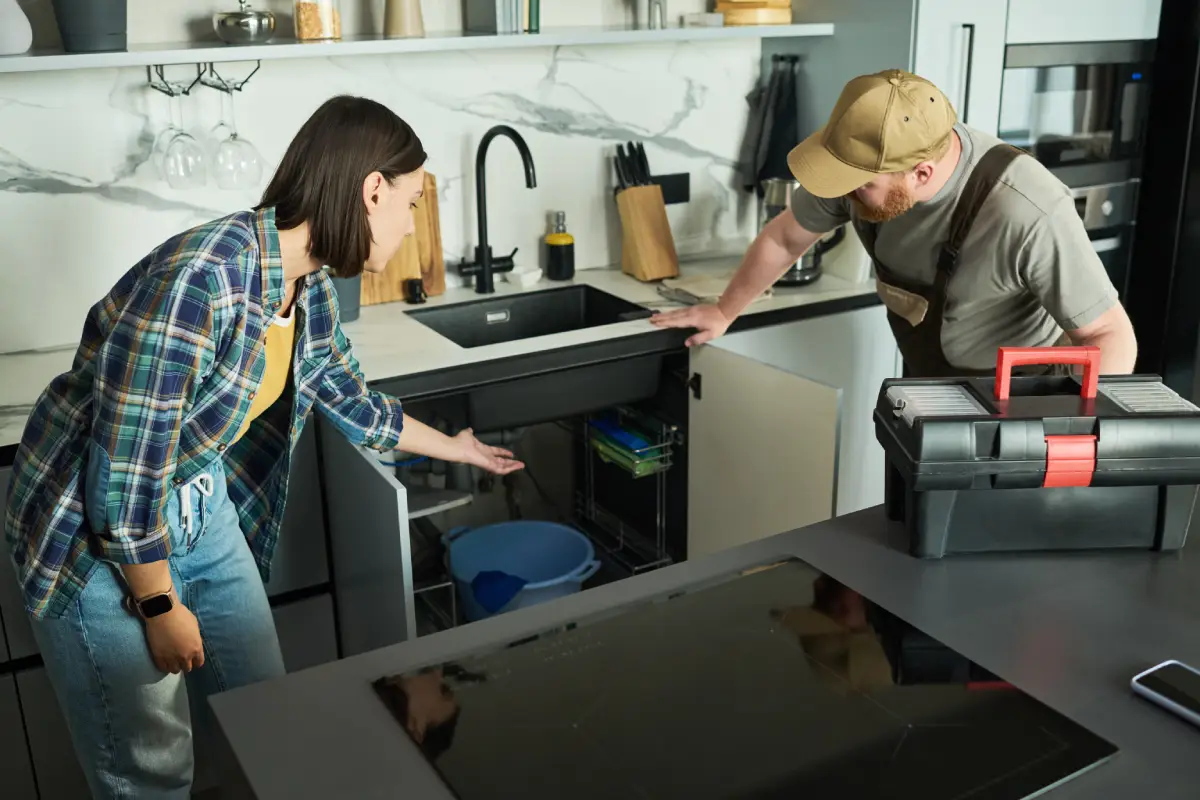 A woman explaining a kitchen plumbing issue to a repairman.