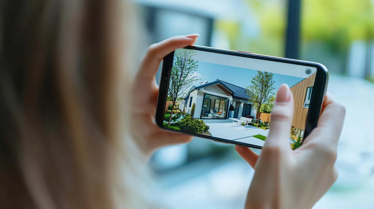 A woman using her smartphone to take a picture of a house porch