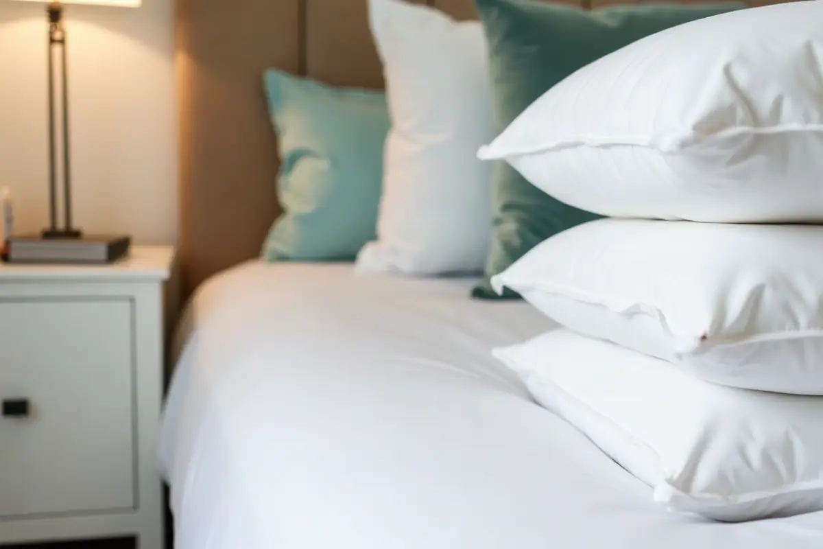 Clean bedroom with freshly made white bed linens in a short-term rental