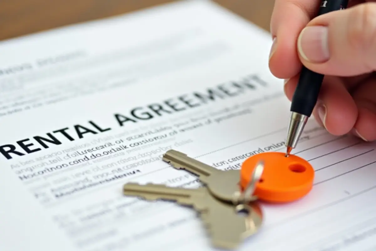 Close-up of a hand holding a pen to sign a "RENTAL AGREEMENT" document, with a pair of keys on an orange keychain resting on the paperwork.