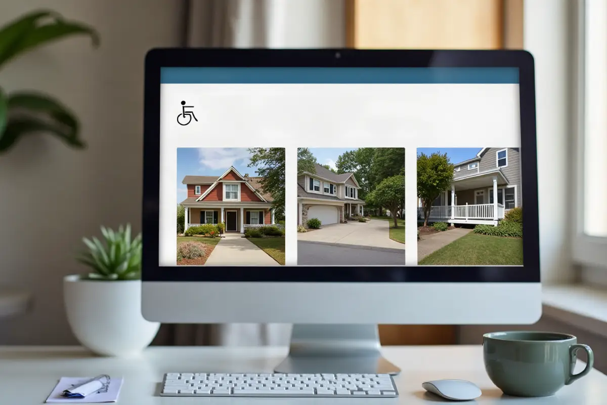 Computer screen on a desk showing photos of accessible vacation rental listings with wheelchair-accessible ramp entrances.