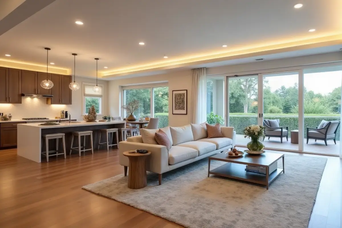 Contemporary luxury living room interior with designer furniture in a furnished rental home.