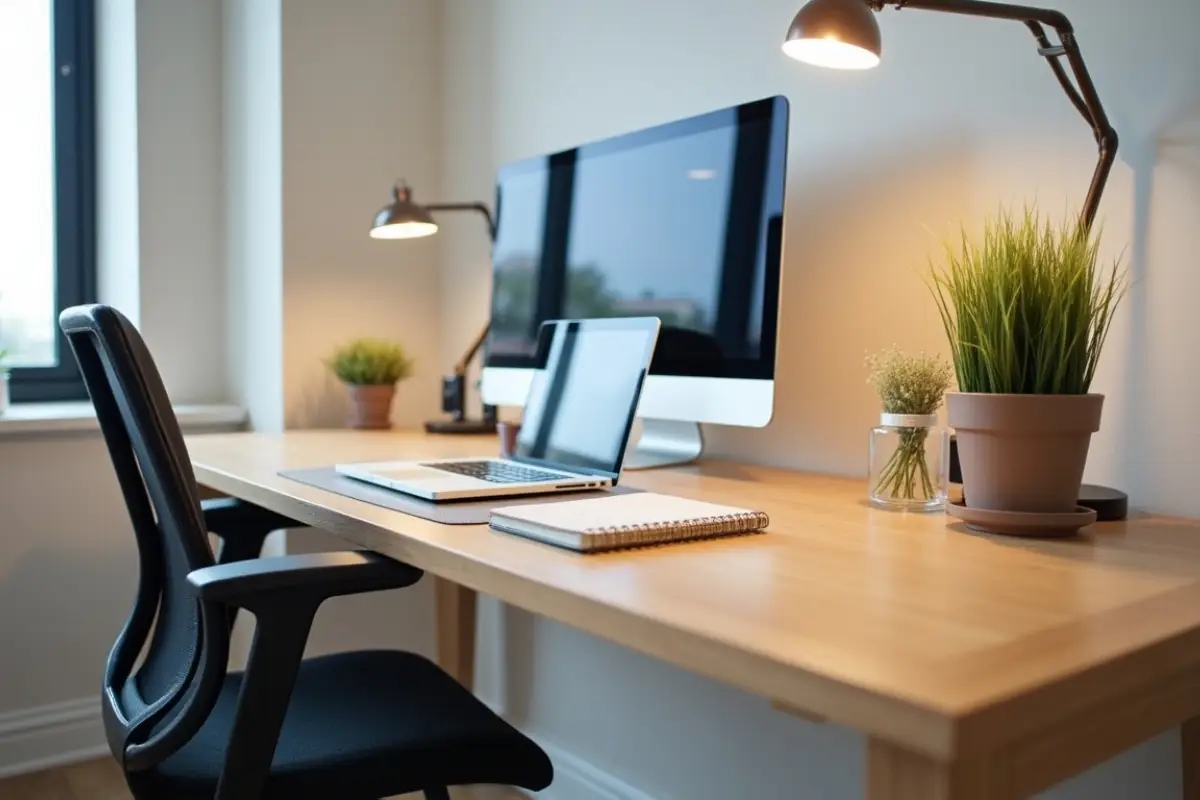 Dedicated home workspace with desk and monitor inside a Seattle corporate housing rental.