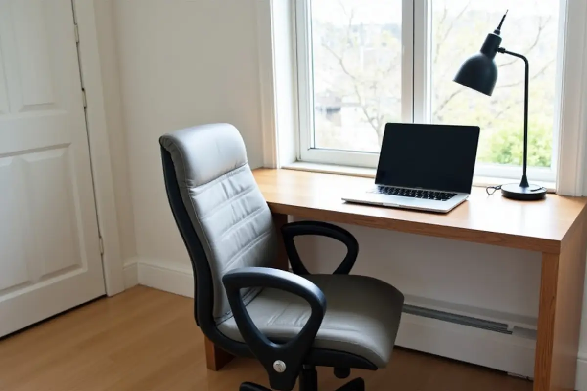 Dedicated remote workspace inside a Seattle corporate housing apartment with a desk and laptop.