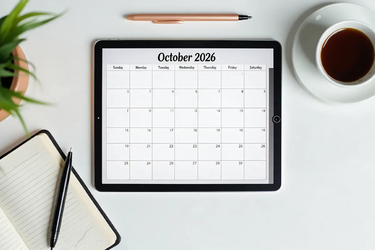Desk workspace with a tablet displaying a calendar schedule next to a notebook.