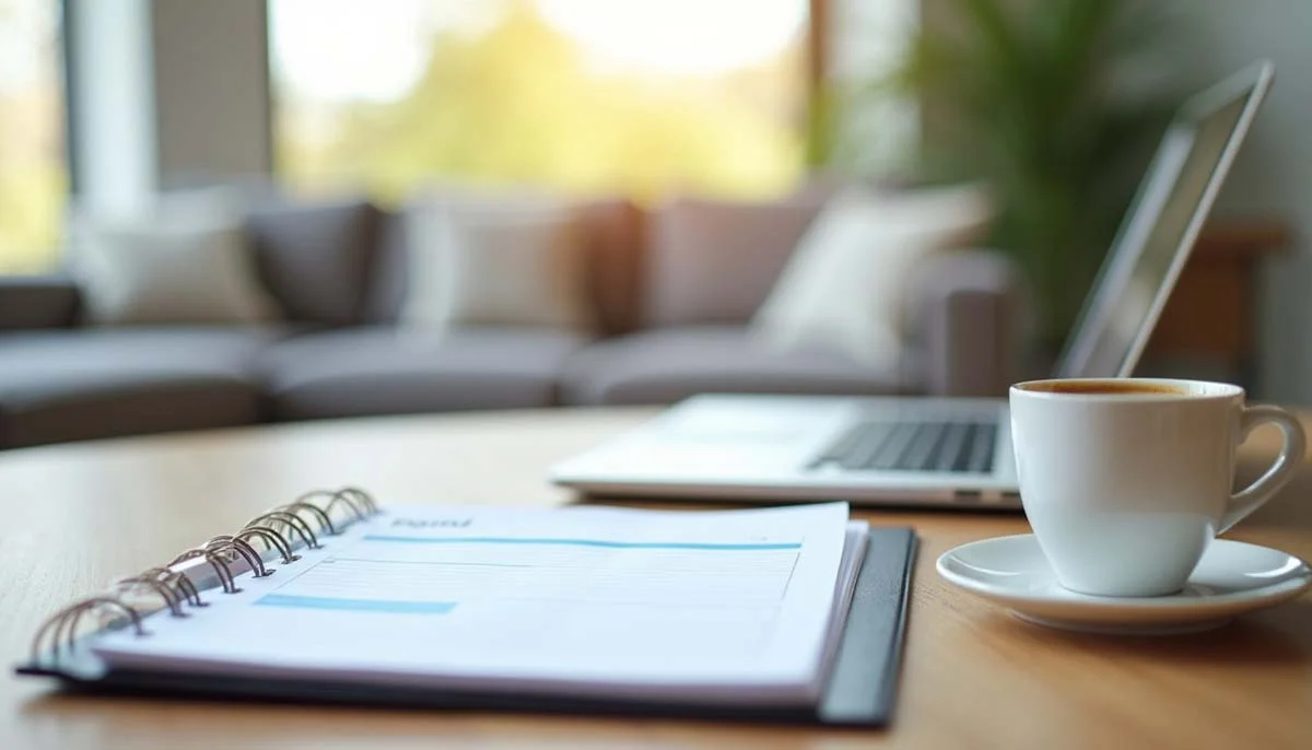 Desk workspace with an open laptop, planner, and coffee cup for property management planning