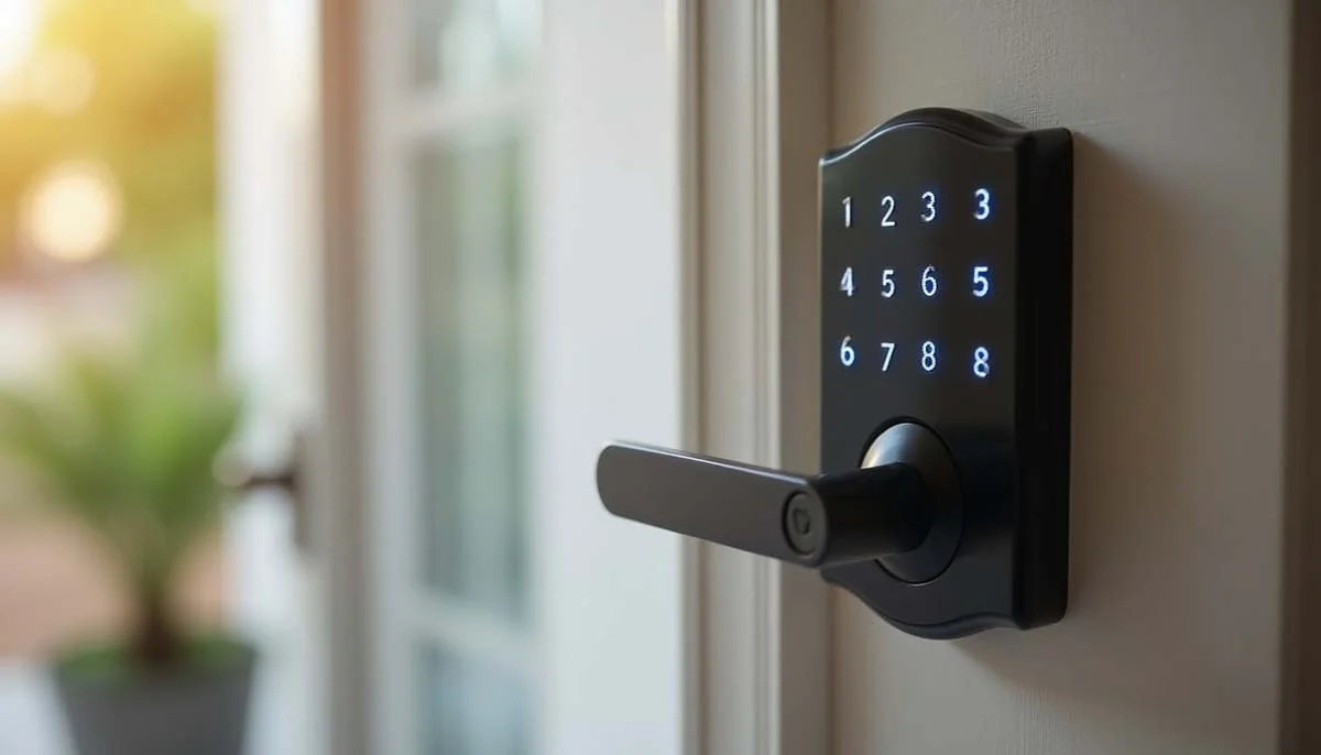 Digital keyless keypad lock on the front door of a modern short-term rental