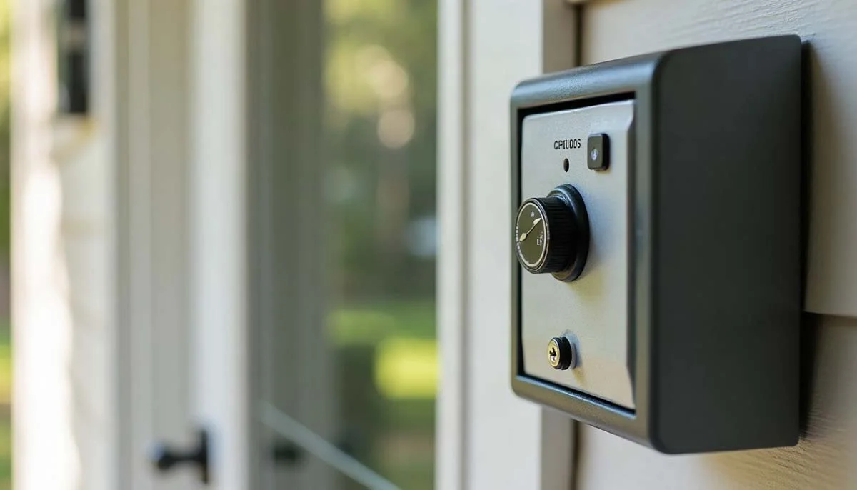 Exterior secure key lockbox mounted beside the front door of a rental property