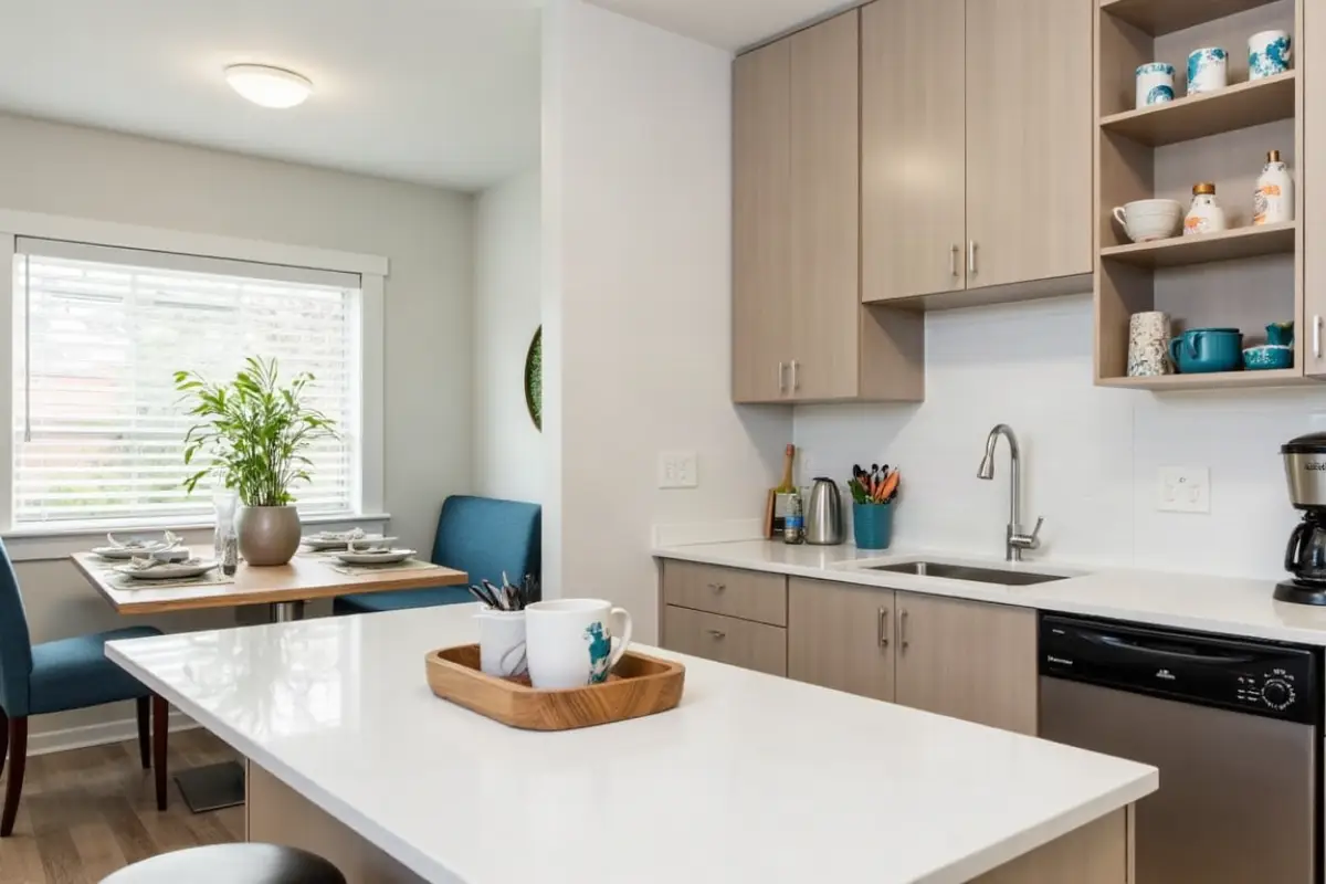 Fully equipped kitchen with cookware and coffee station in a Seattle furnished rental.