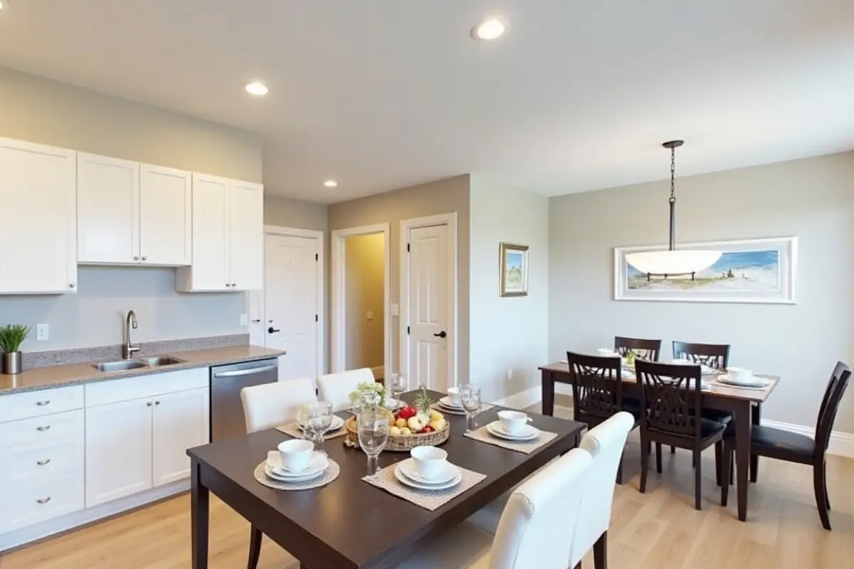 Fully equipped modern kitchen and dining space in a furnished rental home.