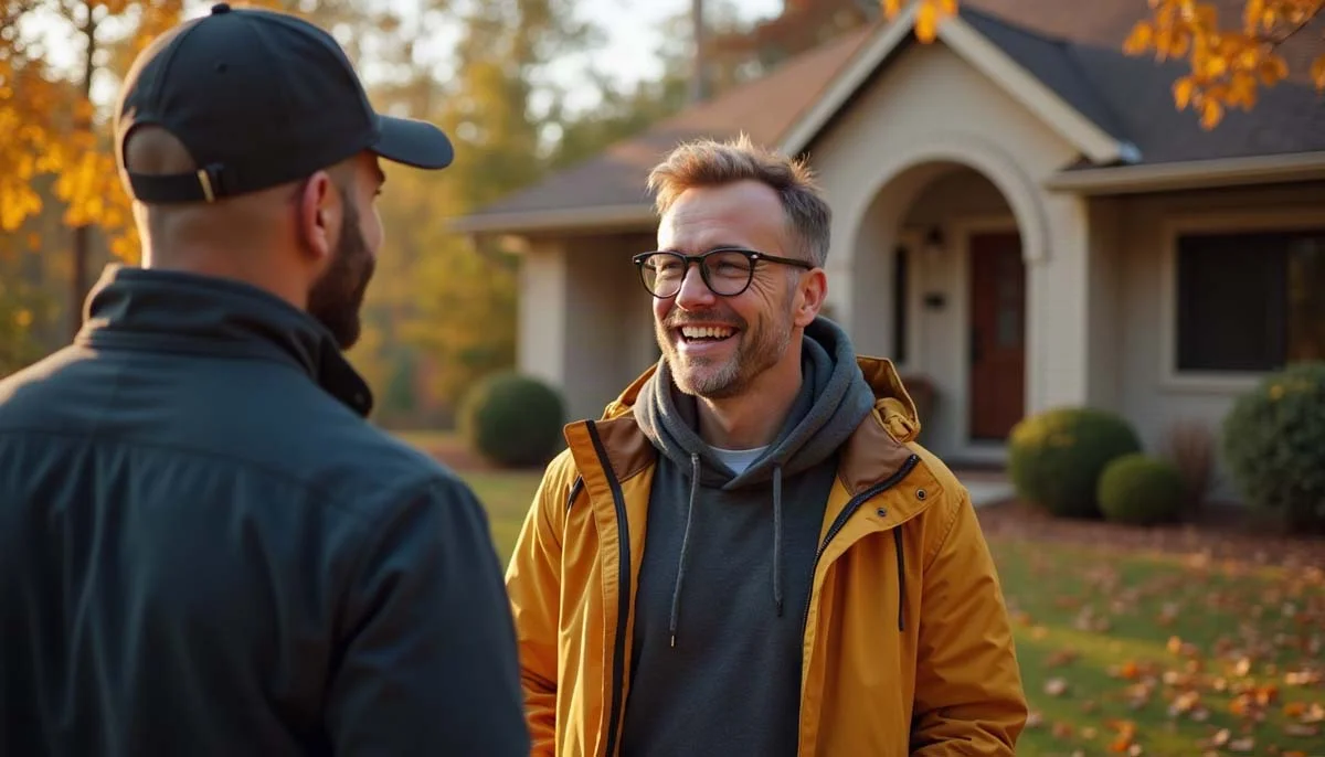 Happy homeowner in a jacket talking to a friendly handyman outside a home with late autumn leaves