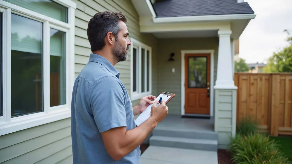 Homeowner holding a clipboard and pen while inspecting the exterior wall siding and windows of a rental home