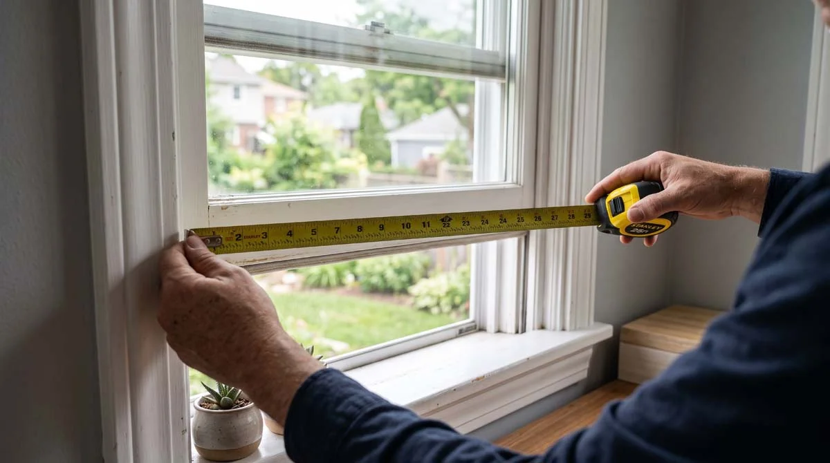 Homeowner holding a tape measure and sealing tape while checking weatherstripping along a modern home window frame