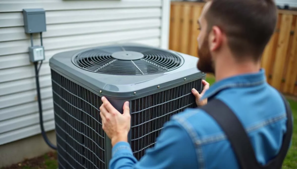 Homeowner holding examining an outdoor HVAC unit and metal grill vents behind a rental home