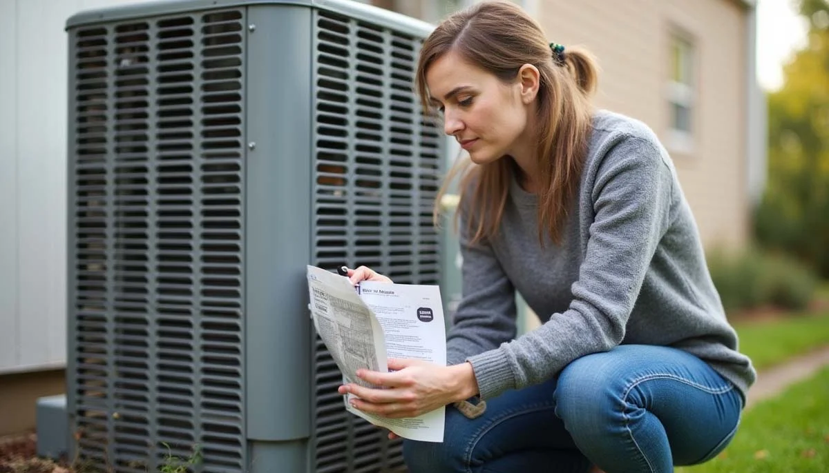 Homeowner kneeling by an HVAC unit holding a manual and a basic screwdriver, inspecting the air filter