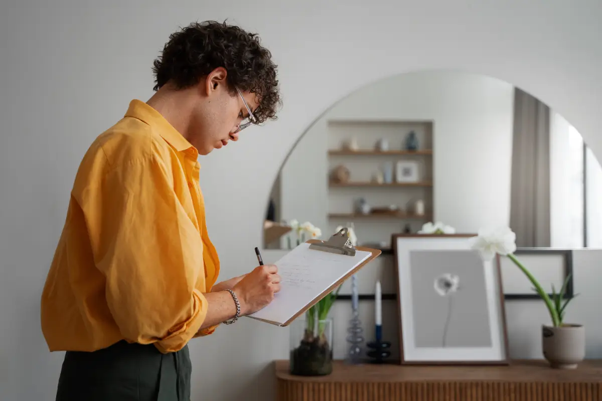 Inspector walking through an apartment with a property condition checklist on a clipboard.