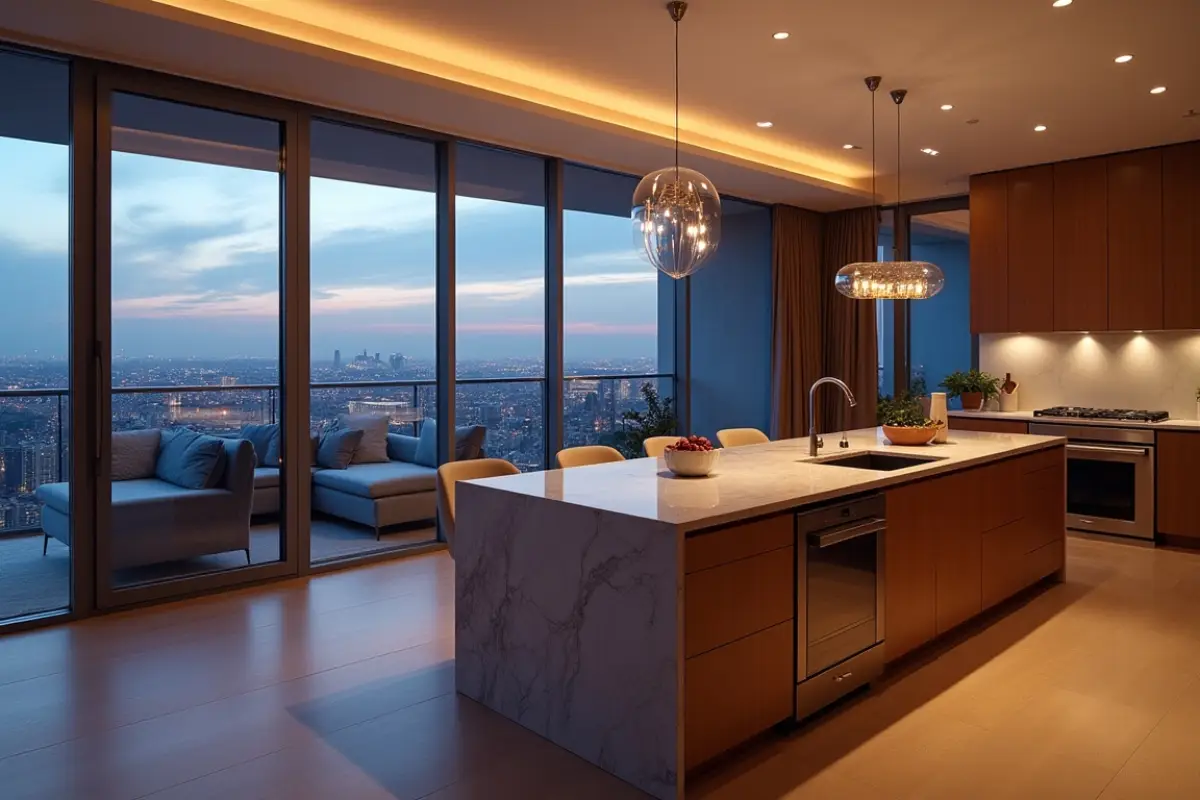 Luxury condo living room and kitchen island with panoramic floor-to-ceiling city views at twilight.