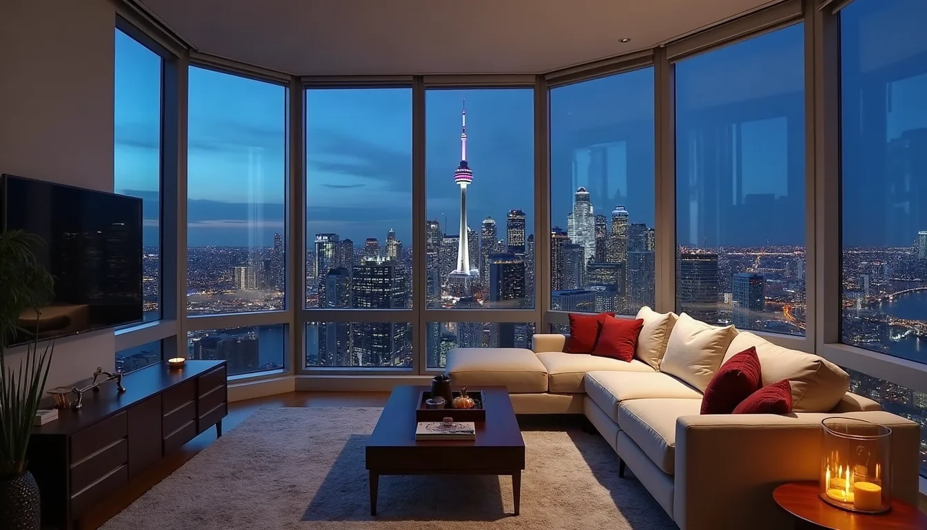 Modern living room in a Toronto high-rise apartment overlooking the CN Tower at night.