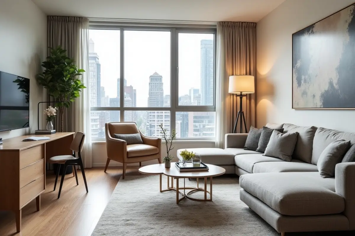 Modern urban furnished apartment living room with a dedicated desk and city view.