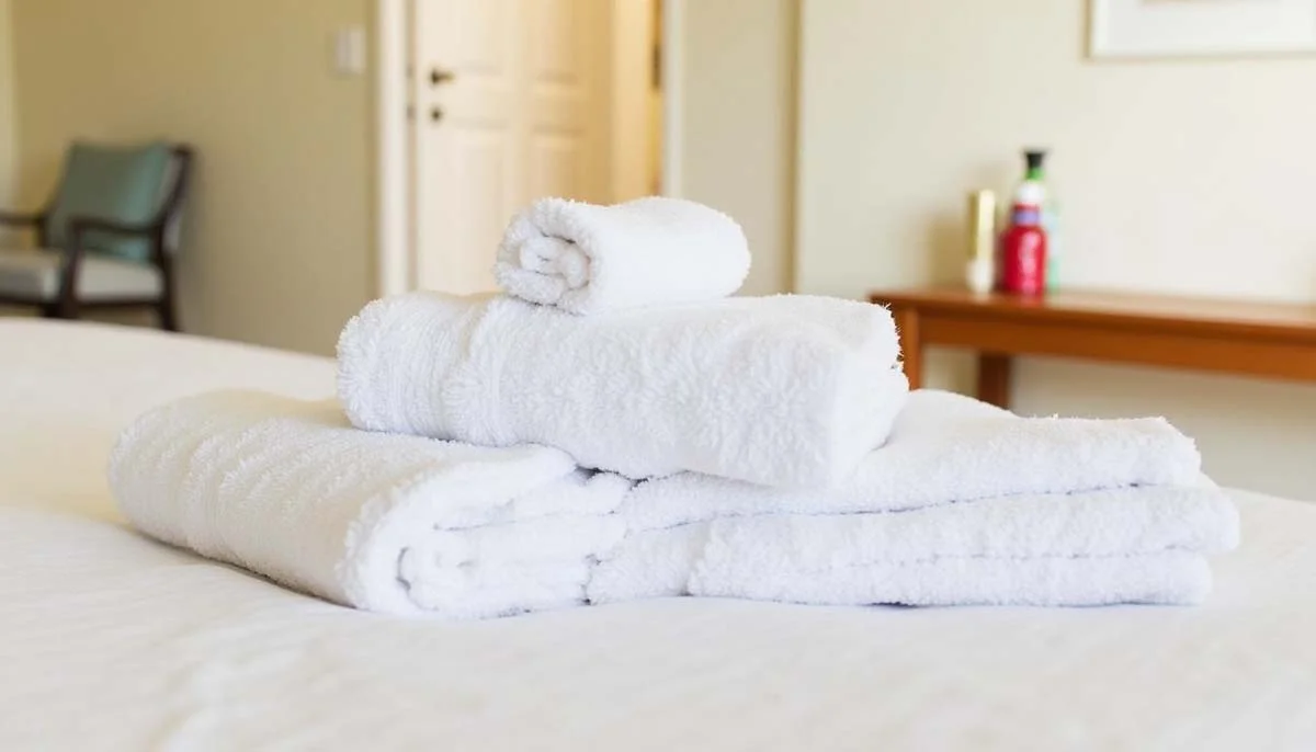 Neatly folded white towels and guest toiletries on a made bed in a vacation rental