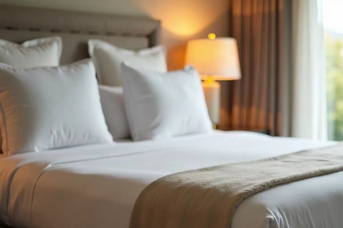 Neatly made king-size bed with crisp white linens in a luxury vacation rental suite.