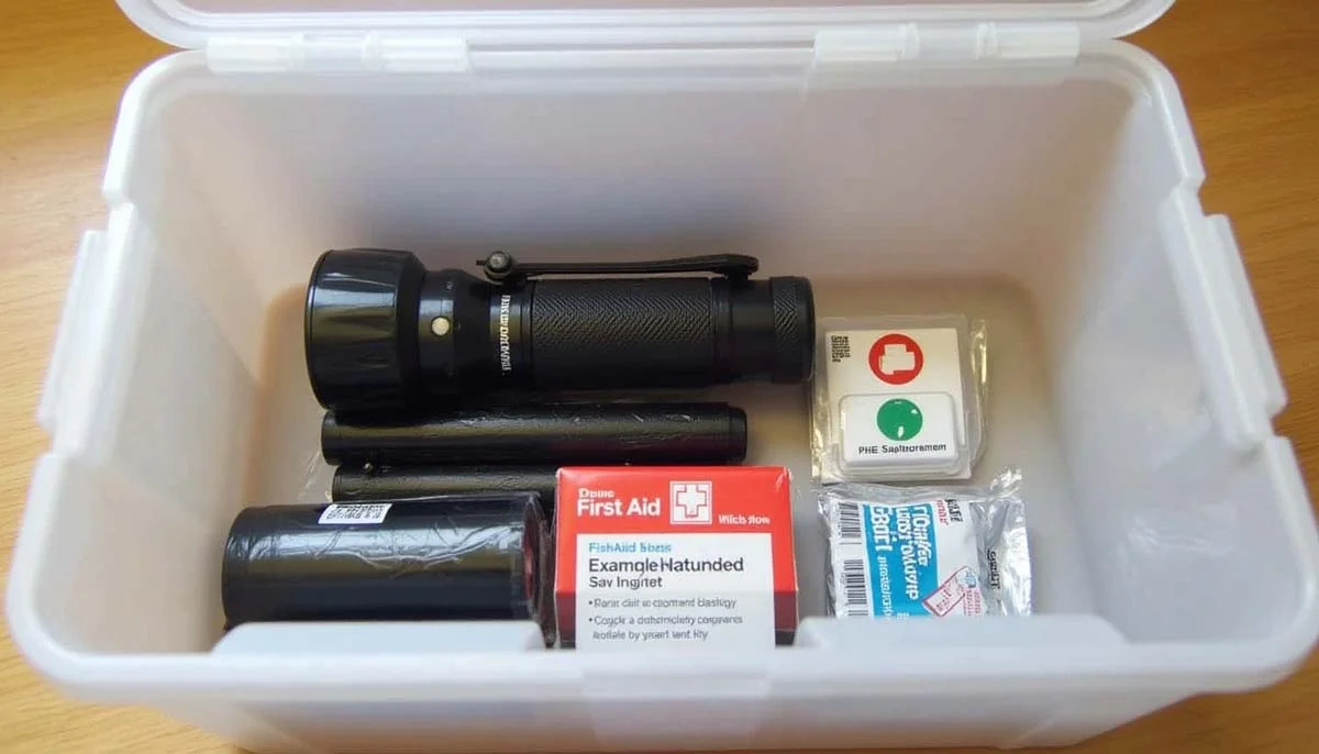 Organized vacation rental emergency preparedness supplies with a flashlight and first aid kit