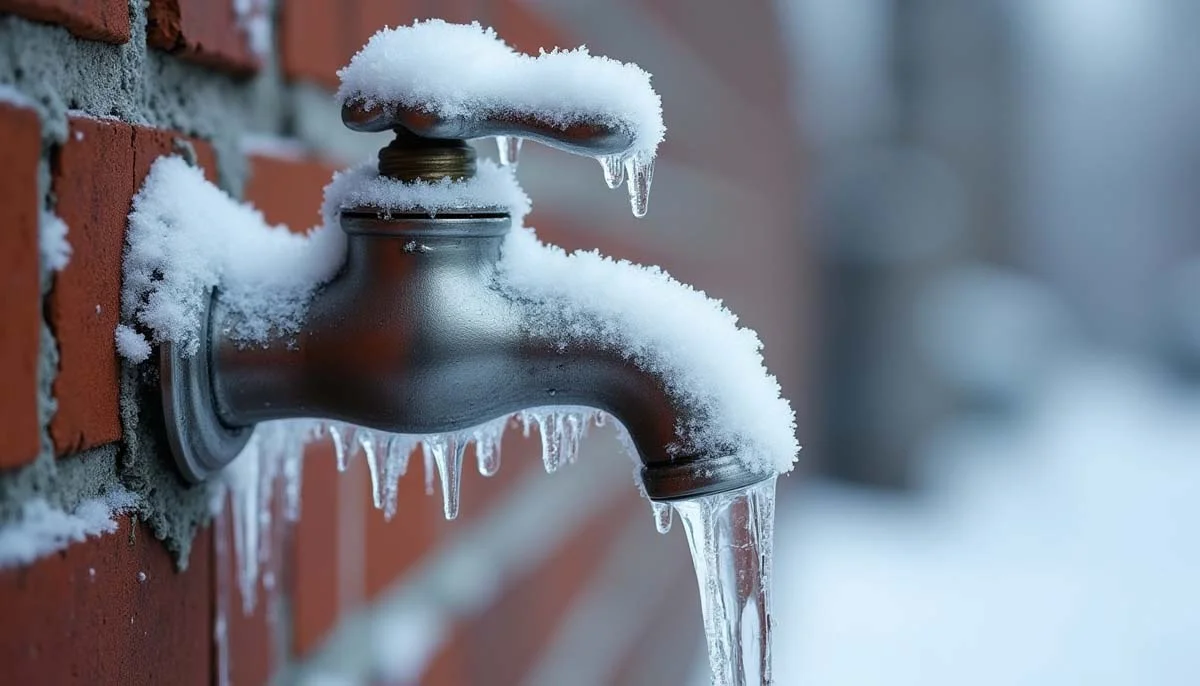 Stainless steel outdoor faucet covered in icicles and frost on a cold, snow-dusted brick wall during winter
