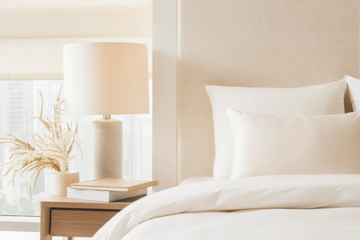 Tastefully decorated bedroom with premium bedding in a furnished rental home