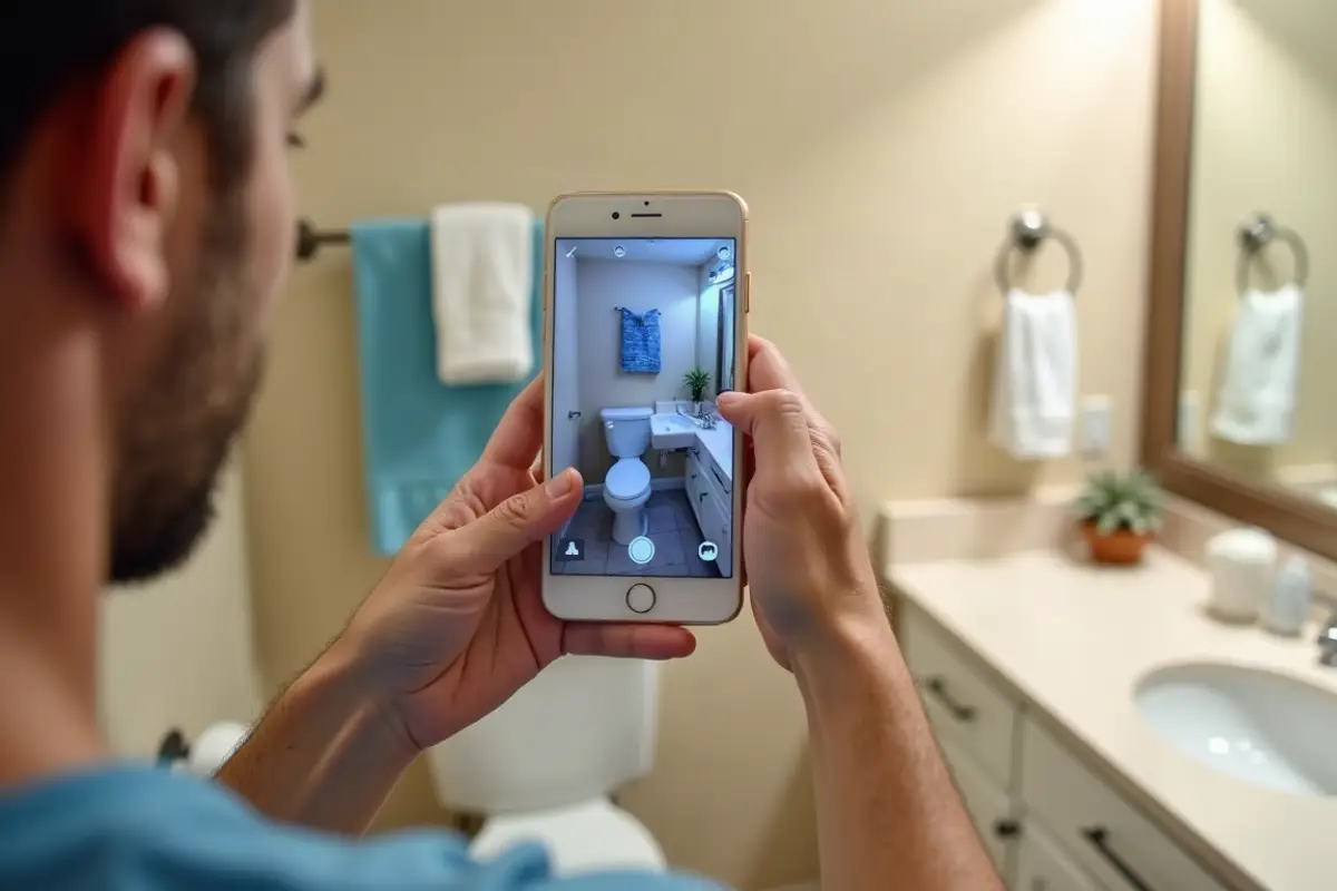 Using a smartphone to take inspection photos of a clean vacation rental bathroom