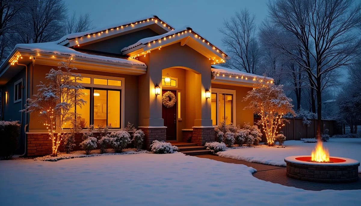 Warmly lit modern rental home exterior on a winter evening with white lights, light snow, and a fire pit